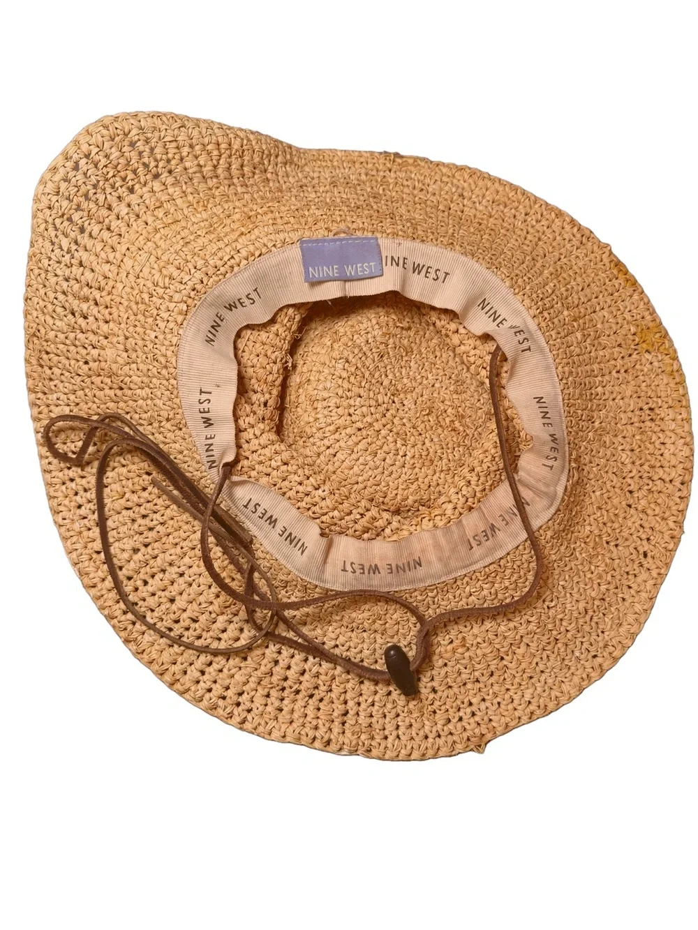 Nine West Natural Raffia Straw Wide Brim Floppy Hat - Brown Chin Strap